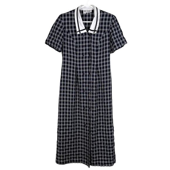 Vintage 90's Coco Bianco Prairie Dress Navy Blue Stripe Gingham Cottagecore - Picture 1 of 6